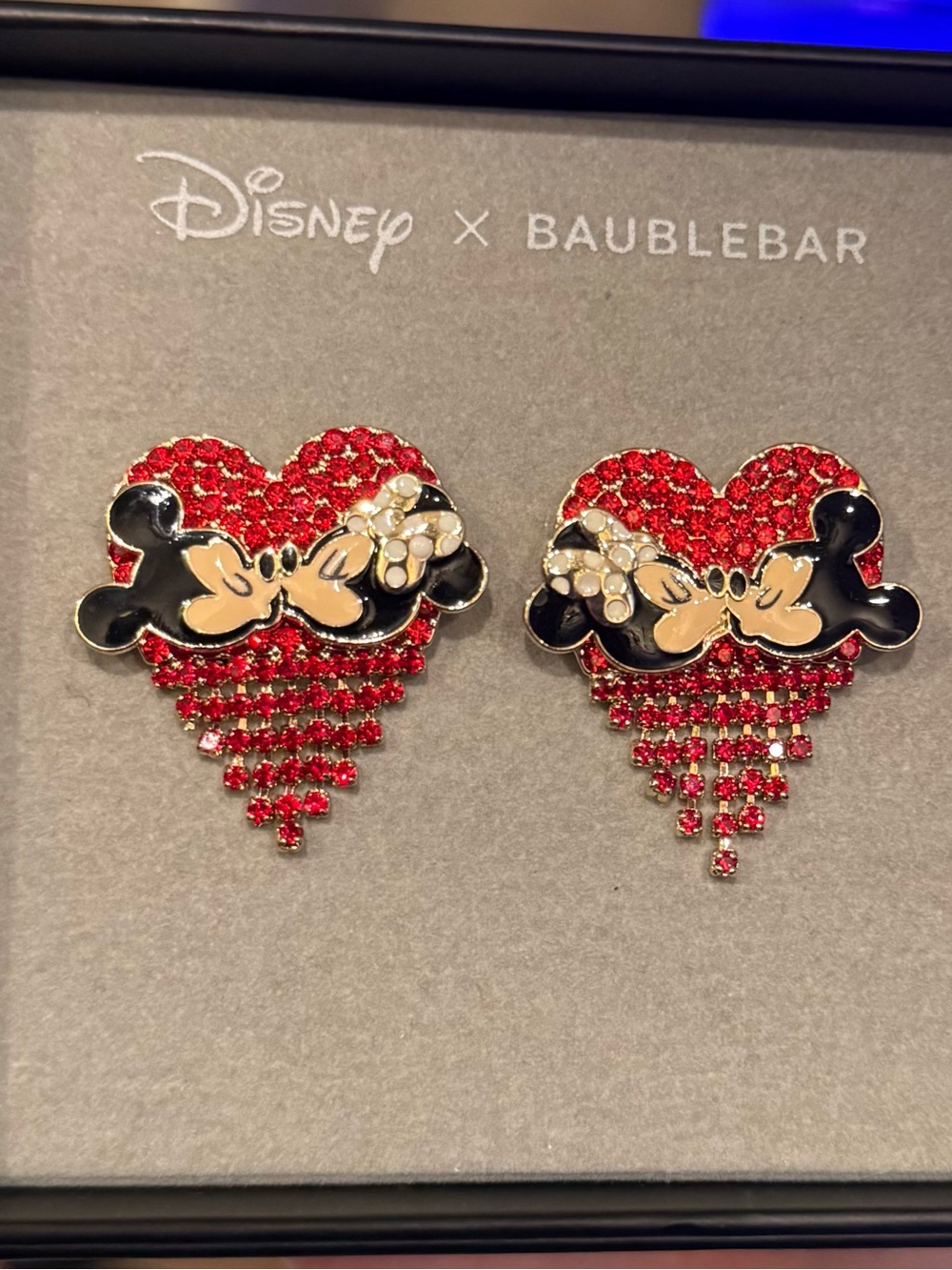 Disney x BaubleBar Mickey & Minnie kissing rhinestone fringe statement earrings